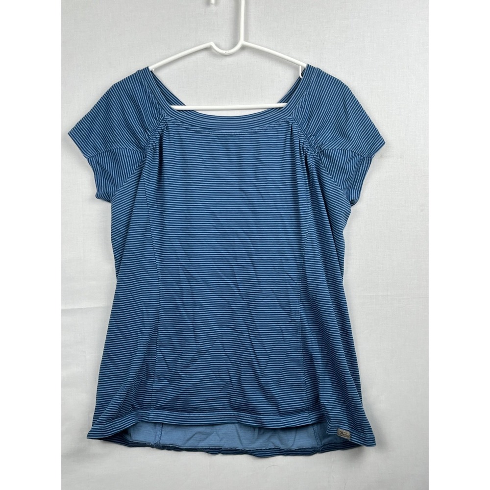 Woolrich Womens XL Blue Striped‎ Short Sleeve Scoop Neck Pleated Top